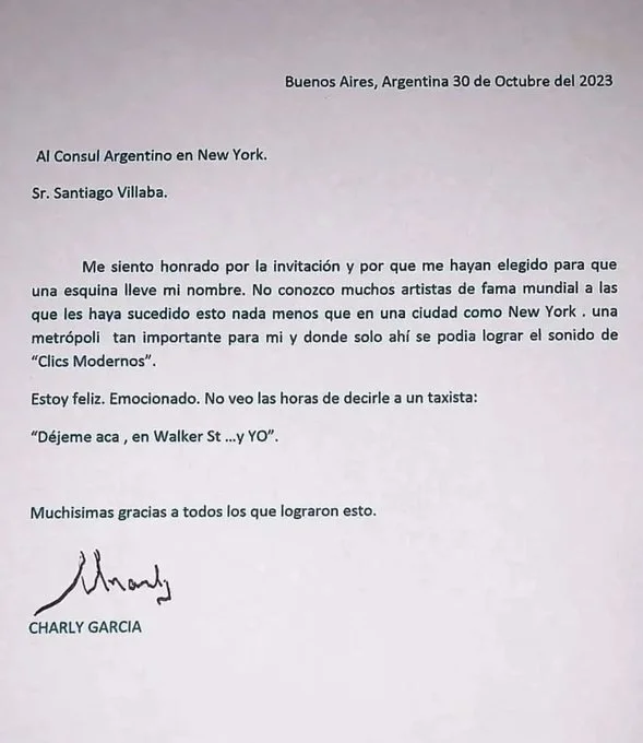 Carta Charly Garcia